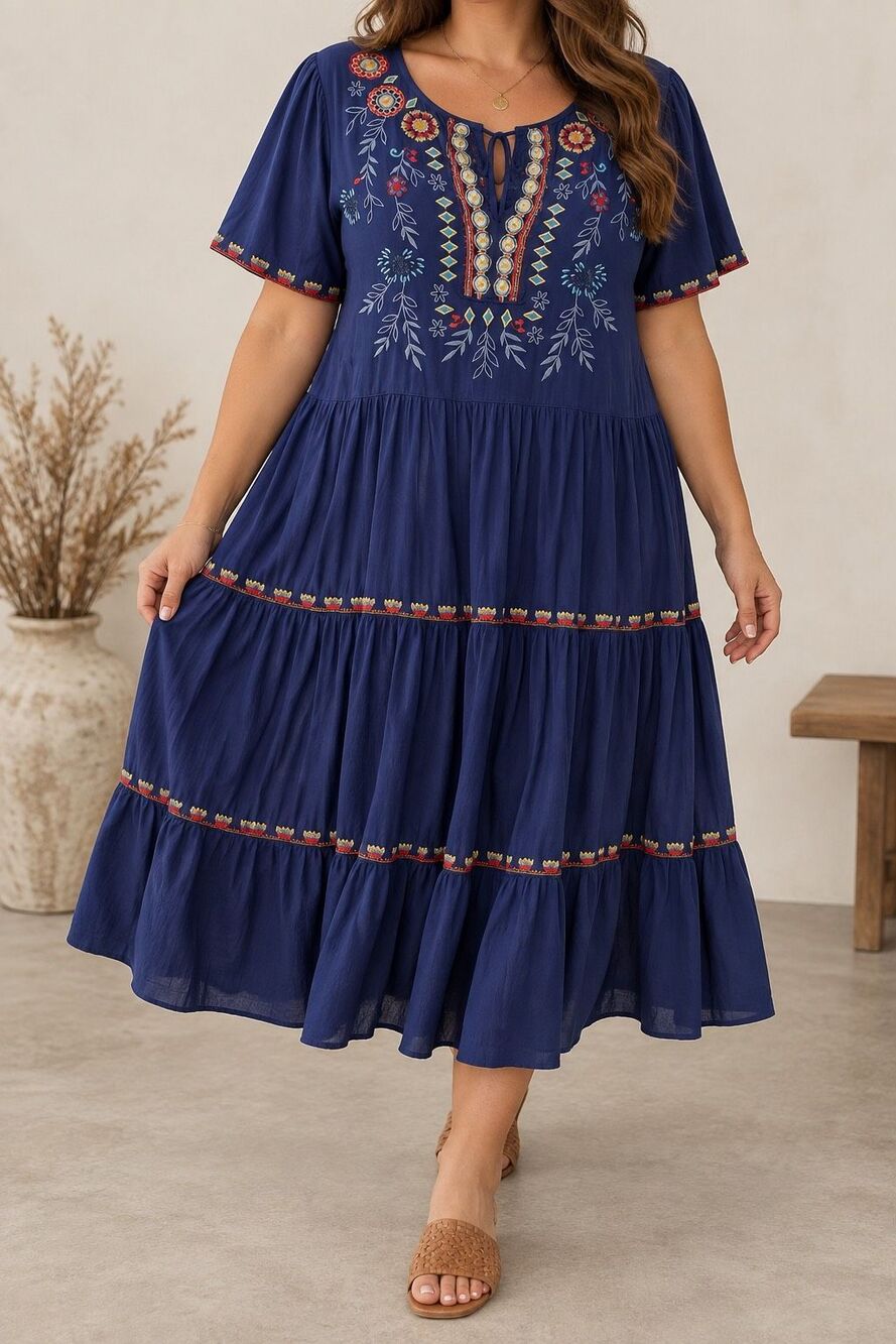 Johnny Was 1X Navy Blue Embroidered Tiered Boho Midi Dress Floral